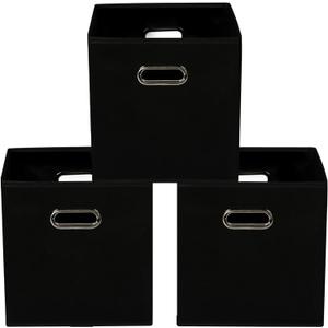 Yunkeeeper storage bins Cubes, Fabric Cube Organizer with Handle, Foldable Cube Bins for Cloth or Accessary Storage, 11x11x11, Set of 3, (Black)