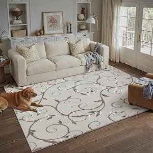 PureCozy Beige 5x8 Area Rug for Living Room Soft Checkered Shag Carpet