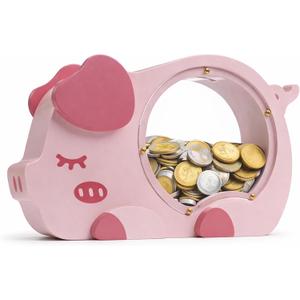 Wooden Piggy Bank for Kids, Cute Money Bank for Girls, Clear Coin Bank with Plug, Wood Kids Bank Toy Unbreakable Money Box, Personalized Gift for Children Birthday Christmas and Decor