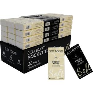 ECO BOOM Soft Pocket Tissues, Travel Size, 3-Ply, Hypoallergenic, 36 Packs, Eco-Friendly Facial Tissues for Car, Purse, and School