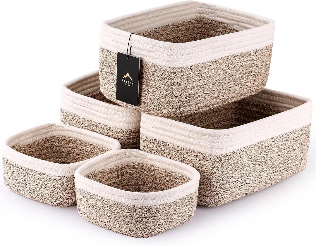 5-Pack Small Woven Rope Storage Baskets  2 Sizes Organizer Bins for Closet, Shelf, Bookshelf, Nursery, Changing Table, Fabric Cube Boxes, Rectangular Shallow Bins for Bathroom, Toy & Home (11.81*7.48*4.72'' & 5.91*5.91*2.56'', Natural & White)