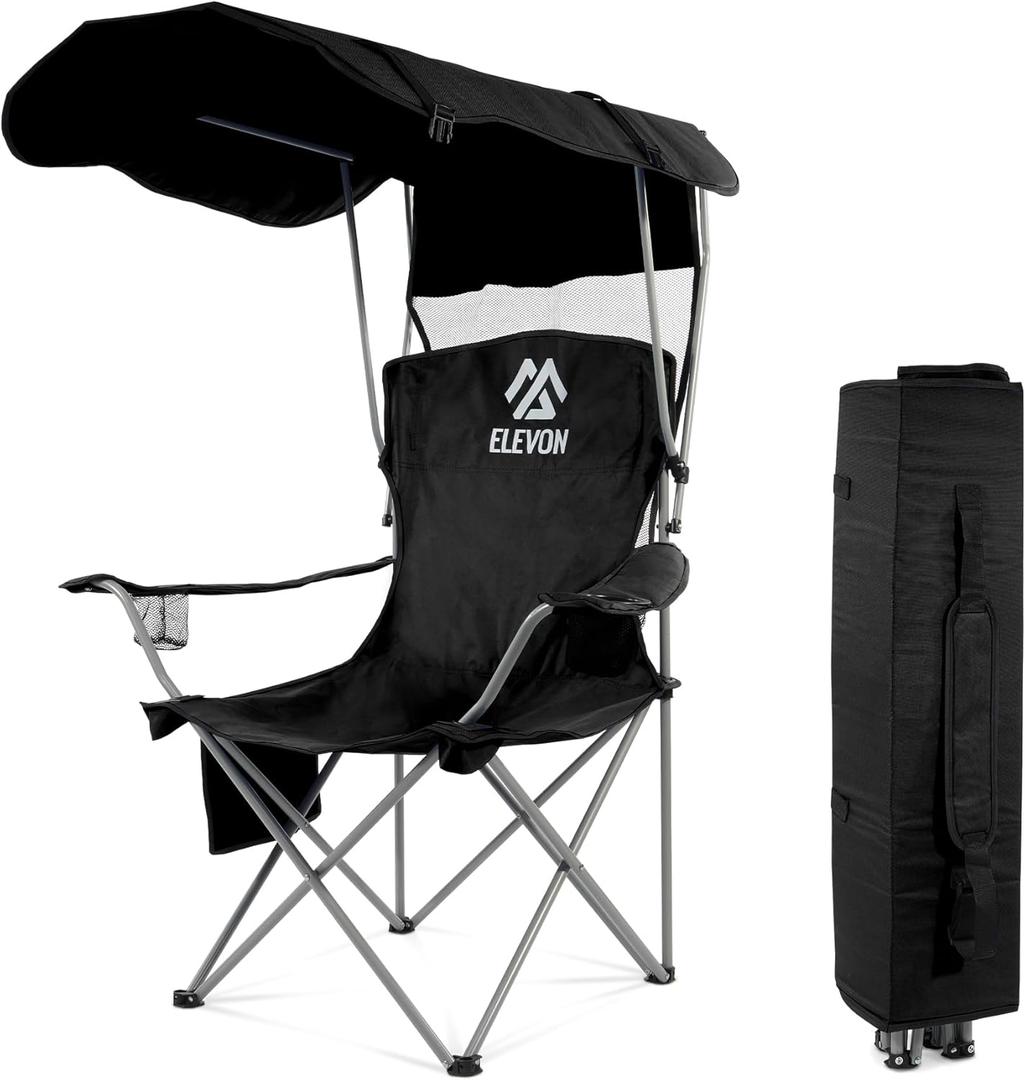 Camping Chair, Oversized Folding Chair with Canopy, Portable Outdoor Chair with Arms, Cup Holder and Carry Bag for Camping, Fishing, Beach, and Sports, Black