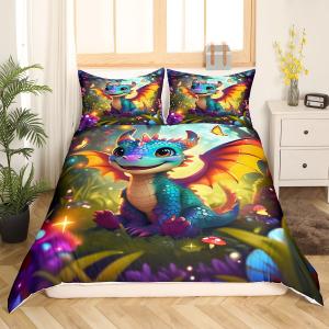 Cartoon Dragon Duvet Cover King Size Polka Dot Mushroom Comforter Cover with 2 Pillowcases Cute Western Dragon Bedding Set Fantasy Jungle Butterfly 3 Pieces Decorative Bed Cover,No Comforter (Multi 18)