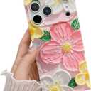 KERZZIL Elegent Girly 3D Flower Compatible with iPhone Rectangle Edge Case, Cute Floral Pattern Slim Soft TPU Protective Bumper Cases Cover(Pink,17 Pro)