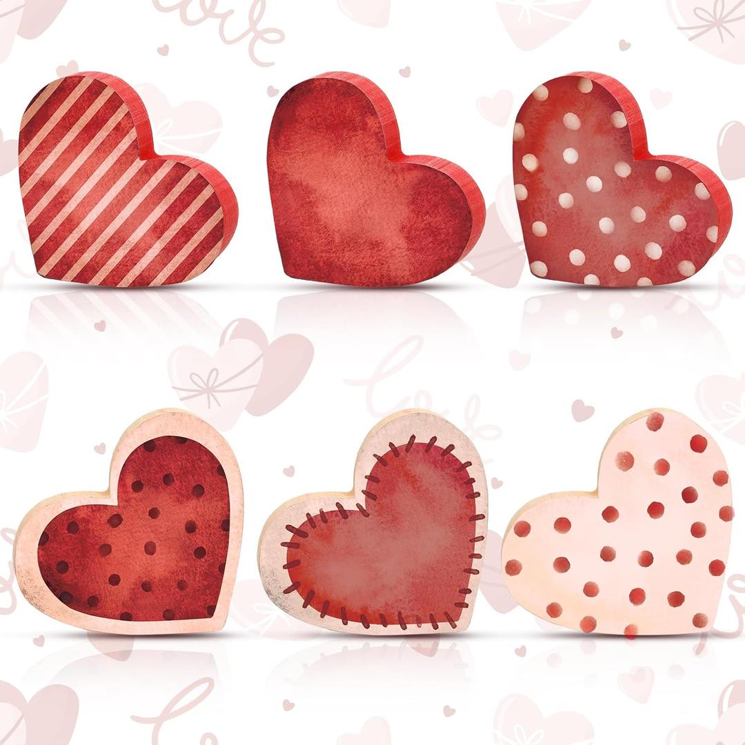 6 Pcs Valentine's Day Wooden Heart Signs Tiered Tray Decor Wood Red Heart Shape Table Blocks for Party Home Office Table Shelf Decor for Valentine's Day