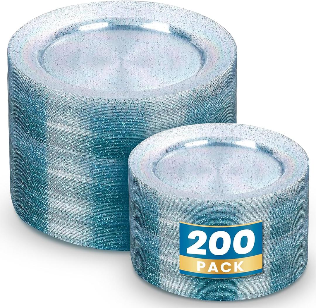 WDF 200PCS Blue Plastic Plates - Blue Glitter Plastic Plates - Heavy Duty Disposable Plates - Include 100 Dinner Plates 10" and 100 Dessert Plates 7" for Parties/Wedding/Graduation