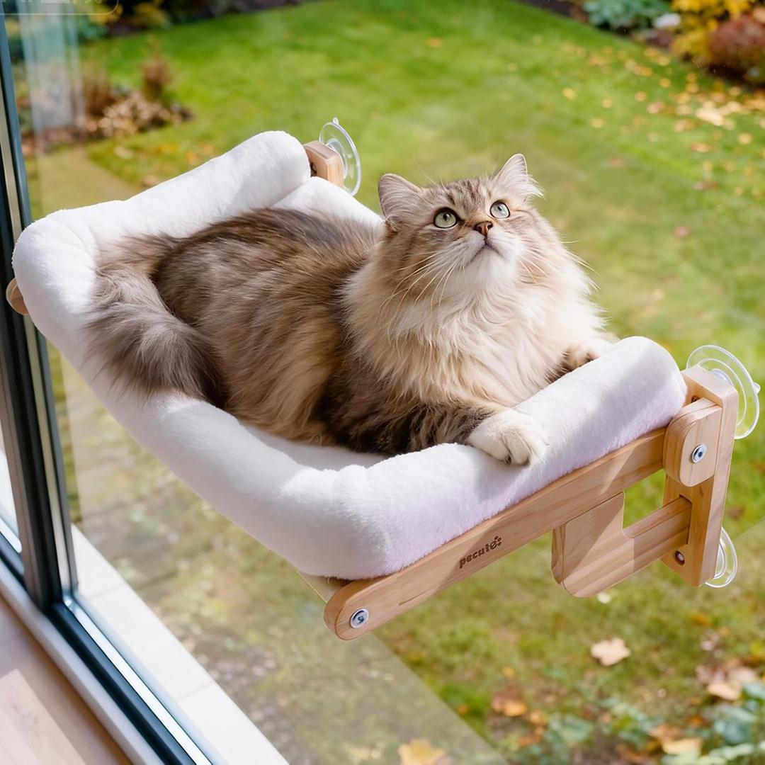 Pecute Foldable Cat Window Perch, CloudSoft Cat Bed with Solid Wood Frame, Strong Suction Cup, Washable Cushion, Stable Large Cats Hammock with Sided Bolster, Cats Perch Indoor for Sunbathing, White
