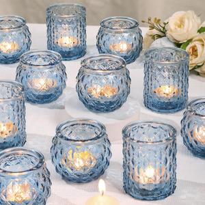 Blue Glass Votive Candle Holders Set of 24 - Round Tea Lights for Wedding, Shower, Party & Gift (24 Pcs)