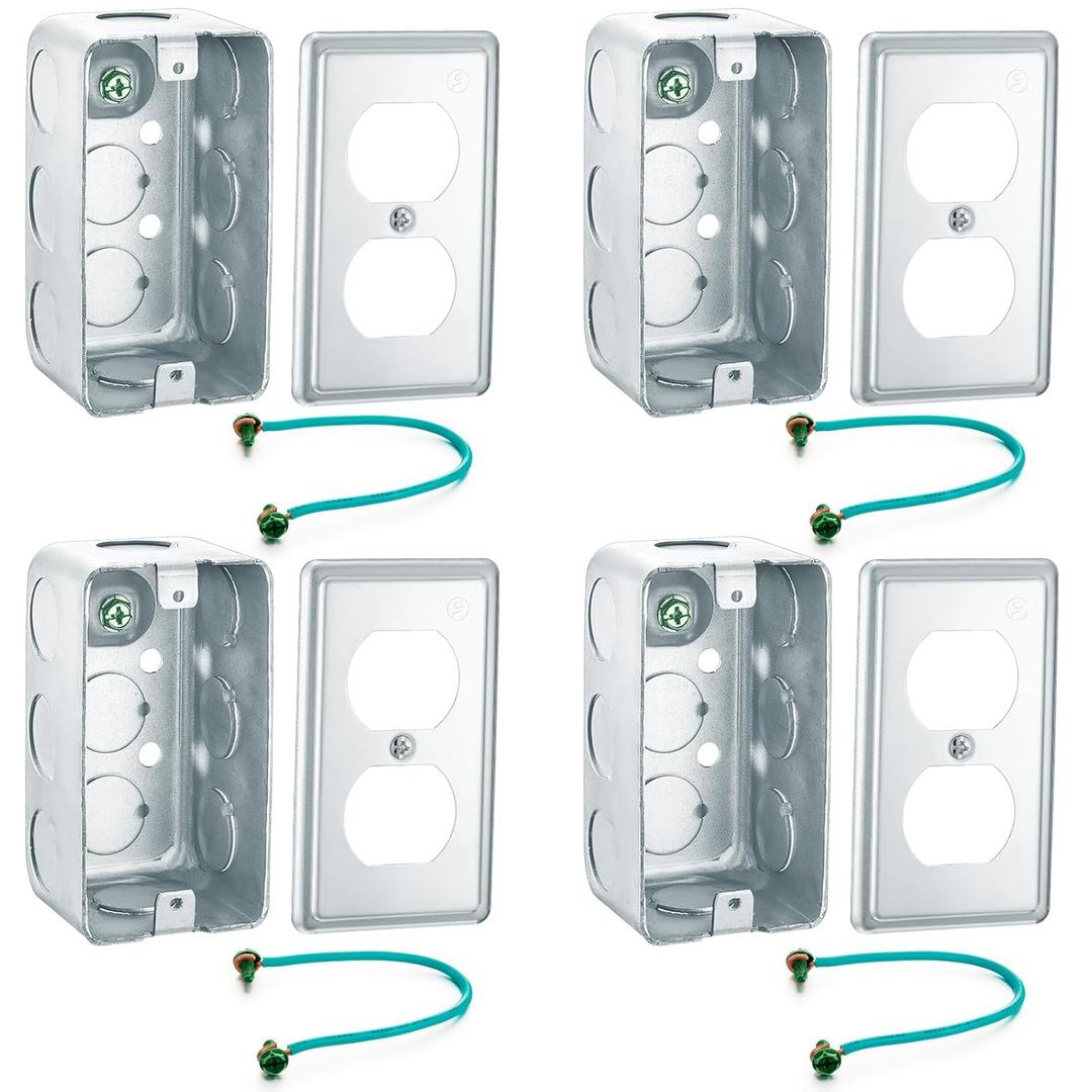 4 Set 4 x 2 Metal Electrical Box Outlet Box Duplex Receptacle Ten 1/2" Knockouts 1-1/2" Deep 21.0 Cu. in. Capacity with Exposed Work Cover Grounding Wire and Screw Junction Boxes Galvanized