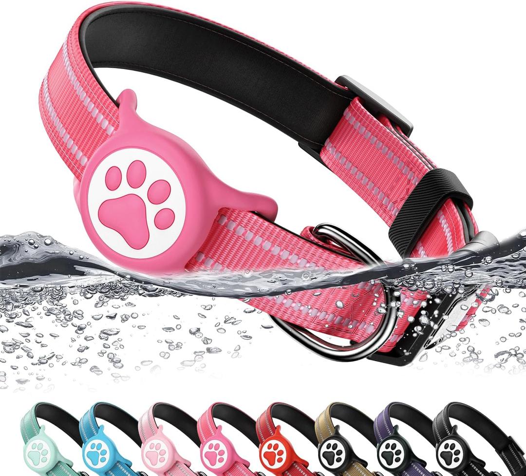 Airtag Dog Collar, Reflective Ultra-Durable Nylon Padded with QR Code Buckle & IP68 Waterproof Air Tag Holder Compatible for Apple AirTag, Comfortable for Small Medium Large Dogs(Hot Pink,S)