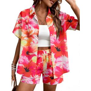 UNIQUEONE Hawaiian Outfits for Women: 2 Piece Hawaiian Luau Outfits Tropical Floral Print Beach Vacation Sets (Medium, Orange)