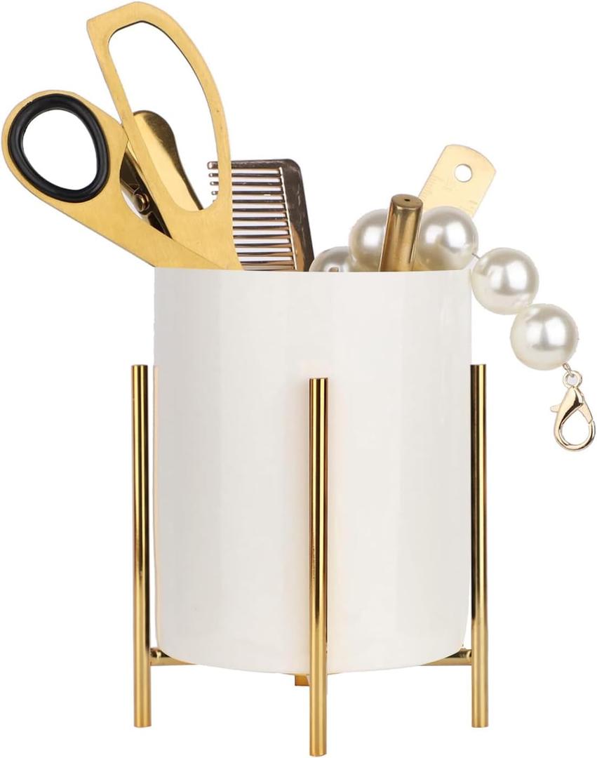 Pencil Holders & Pen Holders Gold Desk Accessories for Women Strong Metal and Ceramic Pen cup(High5.5'' x wide3.8'')
