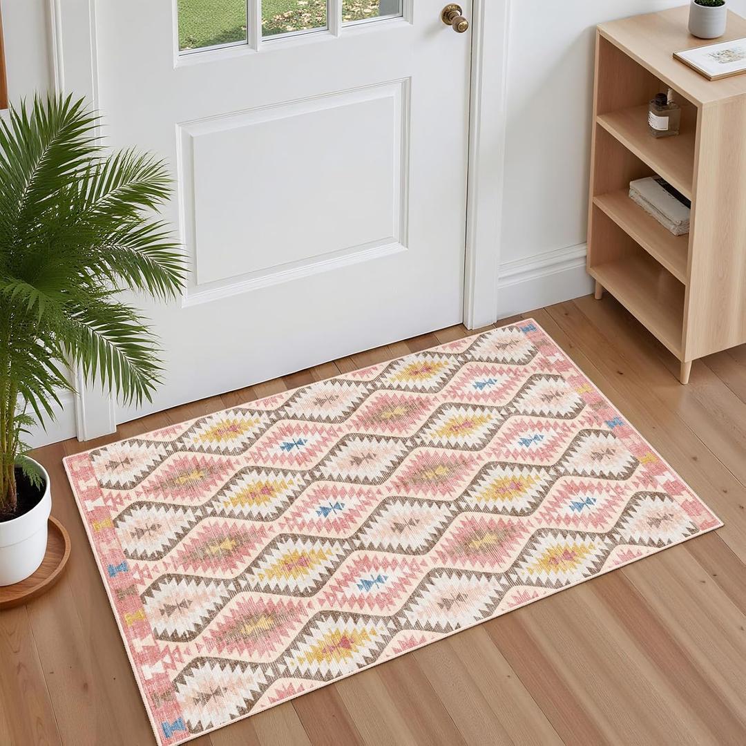 Indoor Rugs for Entryway, 2X3 Small Pink Kitchen Rug, Boho Moroccan Geometric Trellis Area Rug with Vibrant Hues for Bathroom Door Mat Indoor Entrance - Low-Profile Non-Slip Backing Carpet