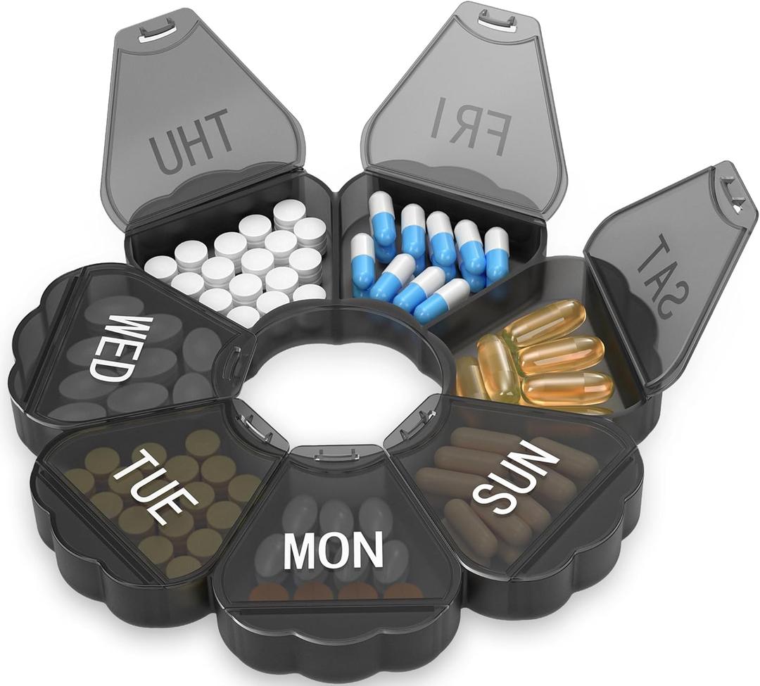 Enlarged Weekly Pill Organizer 7 Day, Daily Pill Box with Never Faded Etched 3D Date Labels, Travel Pill Case with Large Compartment for Medication, Vitamin, Fish Oil, Supplements(Black)