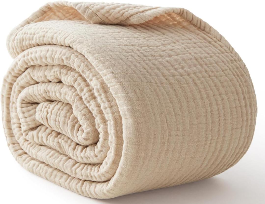 100% Cotton King Size Blankets for Bed 108" x 90", 6 Layers Cooling and Soft Muslin Throw Blanket, Lightweight Quilt Bedspread Coverlet, Gauze Blanket for Adults All Season, Linen Beige (King(108" x 90"), 01 - Beige)
