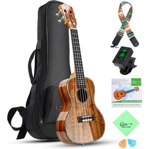 Hricane Professional Concert Ukulele 23 Inch for Adults, Koa Acacia Solid Wood Ukelele Beginners Kit Glossy Satin Finished Body with Gig Bag Tuner Strap Strings Set Pick (Koa Glossy)