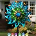 Solar Wind Spinners Outdoor H63xW13 Metal Kinetic Garden Spinner with Crackle Glass Ball & Built-in Solar Panel Peacock-Style Yard Wind Sculpture with LED Light
