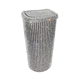 MINGZAIQIPEI Bling Rhinestone Auto Garbage Can Car Trash Can with Lid Mini Garbage Bin for Automotive Car, Home, Office, Kitchen, Bedroom (Silver)