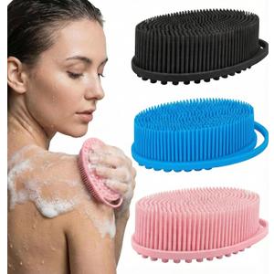 Silicone Body Scrubber Exfoliating 3 Pack, Shower Scrubber for Body,Loofah Alternative for Women Men, 2 in 1 Bath and Shampoo Brush with Handle,Body Exfoliator Tool for Skin, Back,Showering (3Pack-Black Blue Pink)