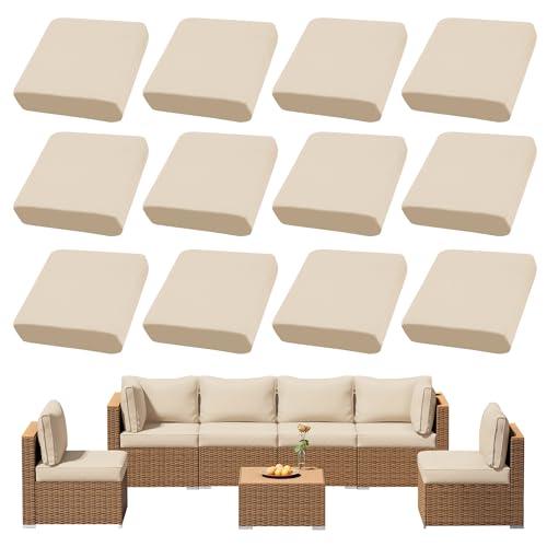 DREAHOTEXTIL 12Pcs Outdoor Cushion Covers, Patio Cushion Covers, Stretch Elastic Slipcovers, Replacement Washable & Reusable Furniture Protector for Patio Couch (Beige, Cover Only)