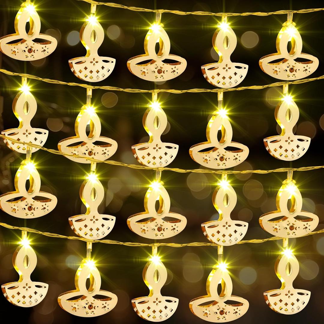 Diwali String Lights, 20 ft 40 LED Battery Operated Diya Lights Diwali Decorations for Home Indian Window String for Wedding Party Indoor Outdoor Bedroom Decor(Warm White,2 Styles)