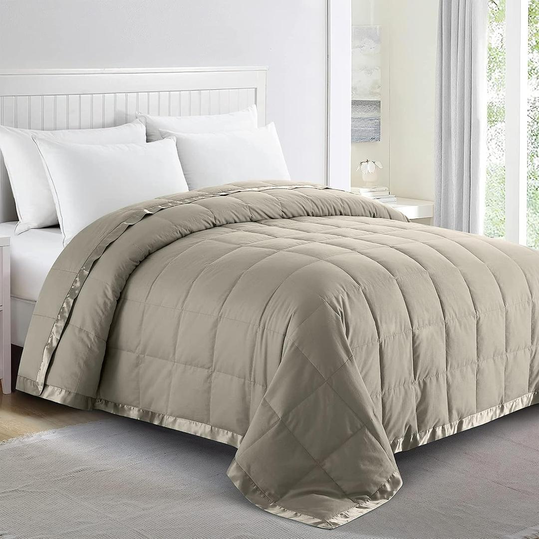 puredown Blankets Queen Size - Soft Lightweight Down Blanket for All Seasons, Cozy Warm Luxury Bed Blanket with Satin Trim, Khaki (90"X90")