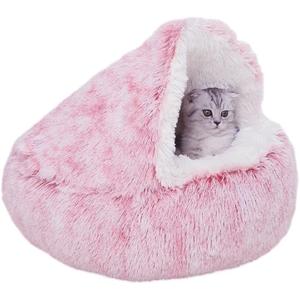 ZaneSun Calming Round Dog Bed & Cat Cave with Hooded Cover, Plush Fluffy Anti-Anxiety Cat Bed, Waterproof Bottom Washable (Pink, 20x20inch)