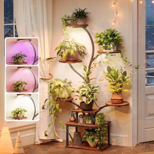 PRAISUN 51 Inch Plant Stand with Grow Lights, 8 Tiered Indoor Plant Shelf with Larger Flower Holder, Curved-tubed Design, 3 Light Modes, Corner Plant Rack for Living Room, Rustic Brown
