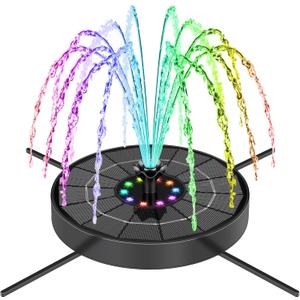 SEIRMEP Solar Fountain Pump with 3 Spray Height Adjustments, Upgraded Glass Solar Bird Bath Fountains with LED Lights,6 Nozzles,Outdoor Solar Water Fountain for Bird Bath, Garden, Pool, Pond (Black)