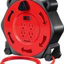 DEWENWILS Extension Cord Reel with 25 FT Power Cord, Hand Wind Retractable, 16/3 AWG SJTW, 4 Grounded Outlets, 13 Amp Circuit Breaker, Red, Red Cord, UL Listed