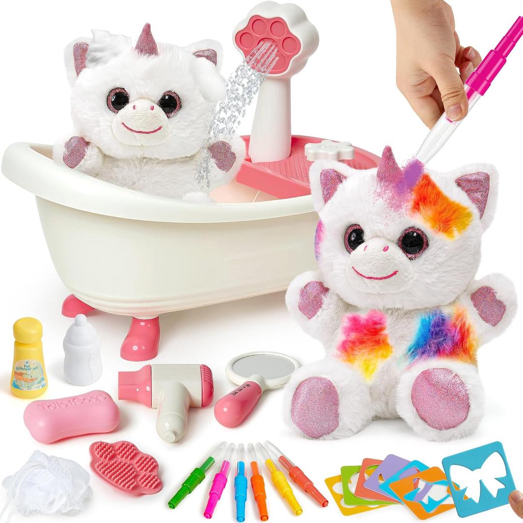 G.C Paint-Wash-Recolor Unicorn Stuffed Plush Doodle Toys for Girls Gift, Pretend Play Bathtub & Washable Blow Airbrush Painting Craft Kit, Unicorn Birthday Gift for Kid Girl 3 4 5 6 7 8 9+ Years Old