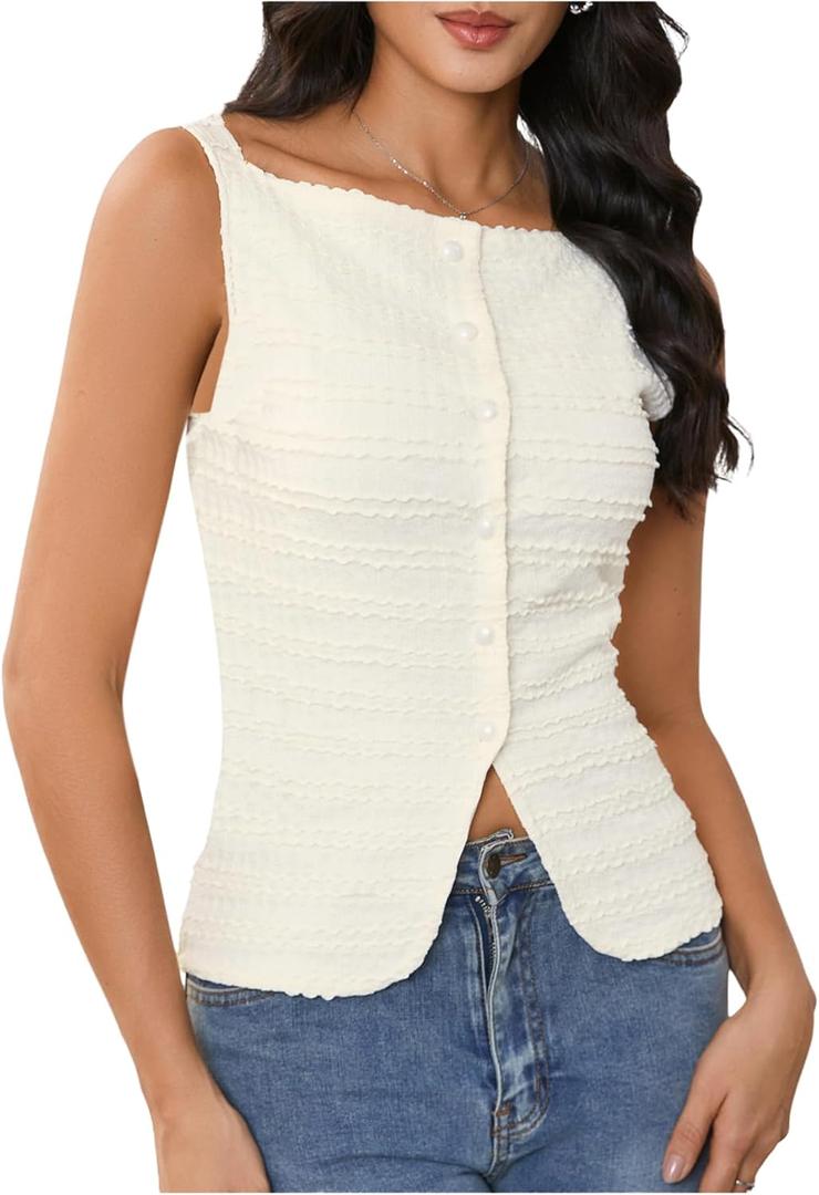 MakeMeChic Womens Vest Top Trendy Button Up Tank Tops Asymmetrical Y2k Going Out Top (White, XS)