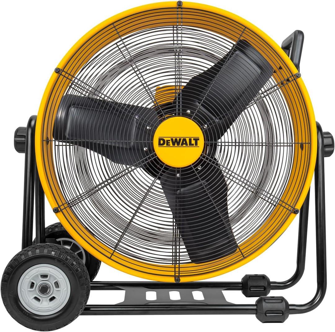DEWALT Drum Fan High-Velocity Industrial, Drum, Floor, Barn, Warehouse Fan, Heavy Duty Air Mover with Adjustable Tilt & Large Wheel, 24", Yellow DXF2490