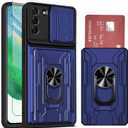 Galaxy S21 FE 5G Case Wallet, Built-in Card Holder for Samsung S21 FE Case with Stand, Heavy Duty Shockproof Full Body Kickstand Cover, for Samsung S21 FE 5G Phone Case with Screen Protector (Blue)