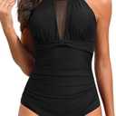 Tempt Me Women One Piece Swimsuit High Neck Plunge Ruched Tummy Control Bathing Suit, Size M