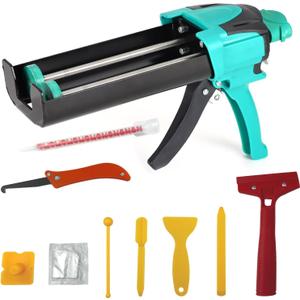 Double Caulking Gun,Dual Epoxy Gun for 400 mL/13.5 fl oz (1:1 Mix Ratio),Manual Dual Component Adhesive Applicator with 9 Pieces Caulk Tools,Hand Cartridge Caulk Gun,Green