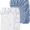 Baby Crib Sheets 2 PCS, 100% Organic Cotton Crib Sheet for Standard Crib Mattress(52x 28), Fitted and Soft Breathable Muslin Crib Mattress Sheet for Girl and Boy (Coastline & Dusk Blue)