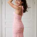 Womens Sexy High Slit Maxi Dress Sleeveless Square Neck Formal Wedding Party Guest Prom Bodycon Ruched Dresses (Pink)