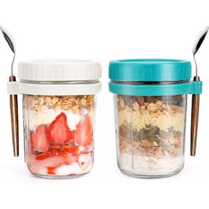 Overnight Oats Jars with Spoon and Lid 16 oz [2 Pack], Airtight Oatmeal Container with Measurement Marks, Mason Jars with Lid for Cereal On The Go Container (white and green)