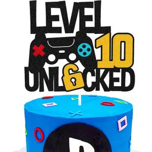 3 x Level 10th Unlocked Cake Topper Game Controller 10s Cake Decoration Happy 10 Birthday Cake Decor Video Play Game Movie Theme Boys Girls Men Women Teenager Bday Party Event Celebration Supplies