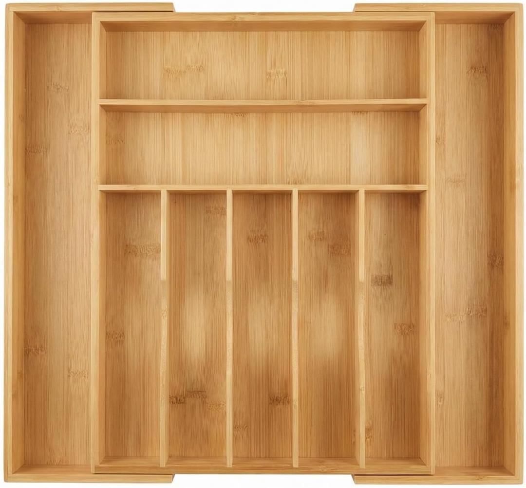 Expandable Bamboo Silverware Drawer Organizer – Adjustable 21" Wide Wooden Utensil Tray with 9-Compartments, Large Kitchen Flatware & Spoon Holder, Natural Solid Wood for Drawers