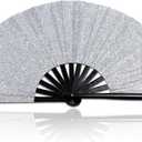 3 x Large Hand Fan Folding Rave Fans(White)-Premium Glitter Fabric & Portable Bamboo Frame for Line Dancing,EDM Festivals Gift,Club Parties,Kung Fu (silver)