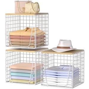 SWTYMIKI 3PCS Closet Organizers and Storage - Stackable Closet Basket with Wood Top Shelf, Clothes Storage Shelves, Clothes Drawer Bins for Wardrobe, Bedroom, Entryway, White