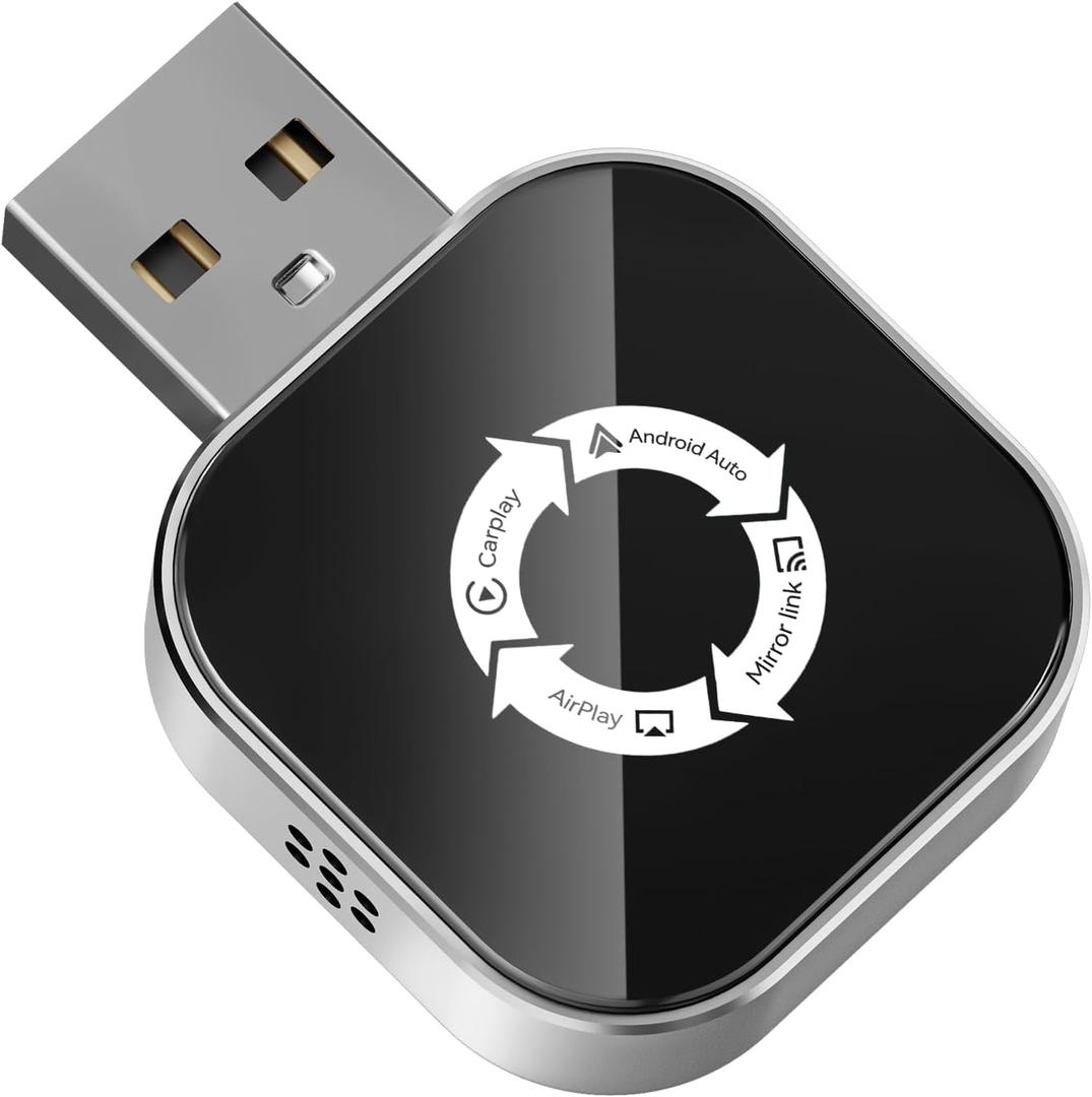 4-in-1 Wireless CarPlay Adapter for Apple CarPlay & Android Auto & AirPlay & MirrorLink, 2026 Upgraded Screen Mirroring Mini USB Adapter with Type-C Extension, Low Latency, Plug & Play (Silver)