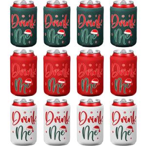 12 Pcs Christmas Can Cooler Sleeves 12 oz Drink Me Beer Drink Bottle Cooler Sleeves Reusable Beverages Can Insulated Covers for Soda Drinks Christmas Holiday Party Supplies