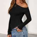 Zenlonr Womens Long Sleeve Shirts Fall Outfits 2025 Off The Shoulder Tops Asymmetrical Fitted Knit T Shirts Going Out Tops (Black, S)