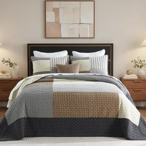 100% Cotton Oversized King Bedspread 128x120 - Soft Lightweight Cal King Quilt with 2 Pillowcases, Farmhouse Reversible Patchwork Plaid Extra Wide Quilted Bedding Coverlet, Brown/Beige/Grey