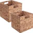Set of 2 Wicker Storage Basket, Woven Baskets for Storage, Foldable Wicker Storage Baskets for Shelves, Cube Storage Bin for Shelves, Water Hyacinth Laundry Organizer Square Baskets, 12''x12''x12''