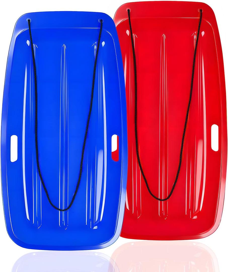 Snow Sled for Kids: 35", Cold-Resistant, Anti-lateral Drift, Included Rope, One Handle per Side, Fast, Stable, Stackable, Easy to Carry, Toboggan Sleds for Snow Days (Blue-Red)