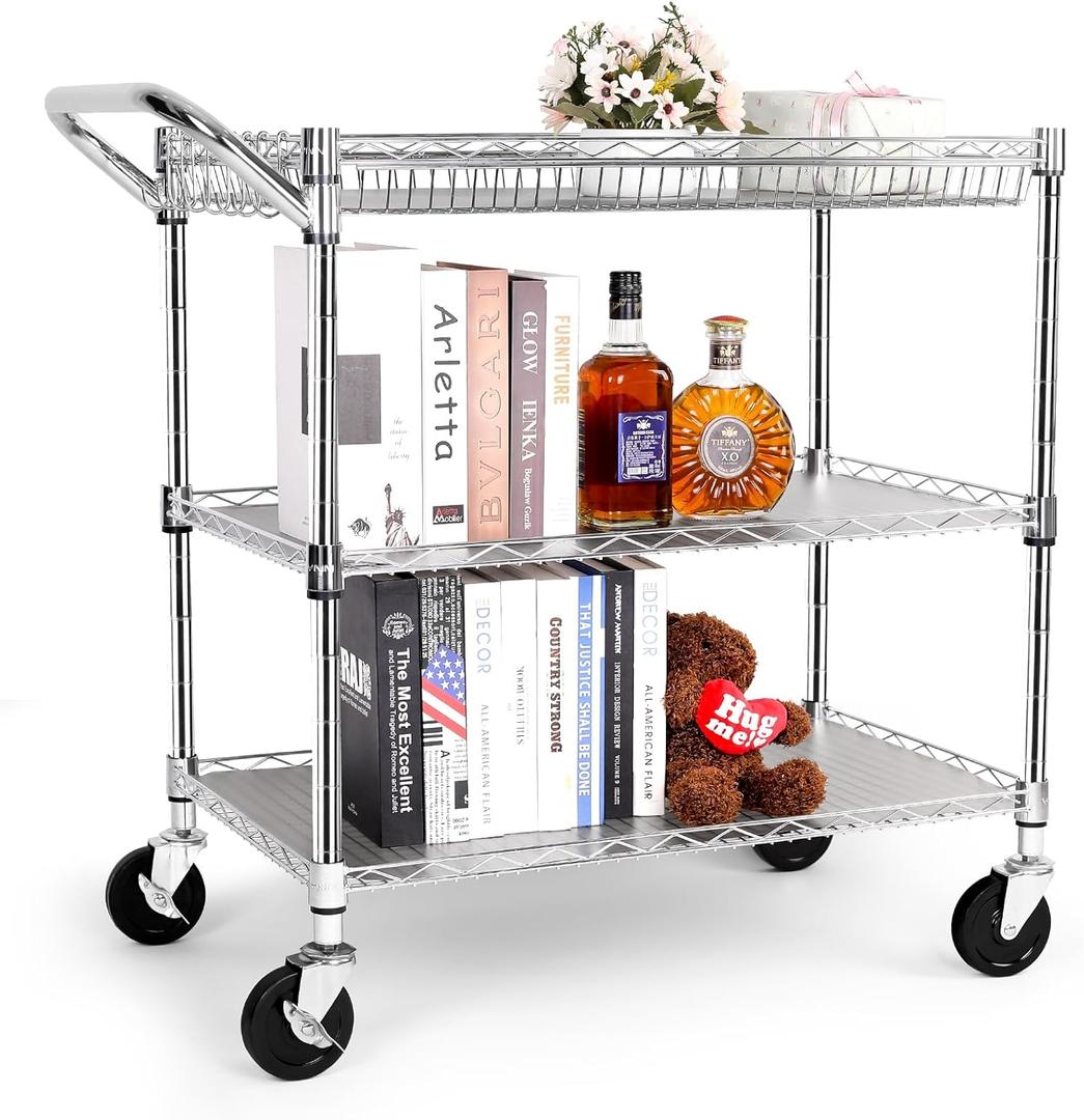 YNN Chrome Utility Rolling Cart,990Lbs 3 Tier Heavy Duty Metal Cart with Wheels & Handle NSF Wheeled Cart 31" D x 18" W x 33" H for Bedroom, Bathroom, Kitchen,Garden,Decor,Serving